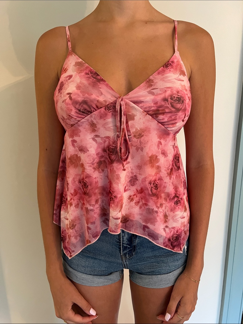 Floral Pink Flowy Cami Top with Tie Front